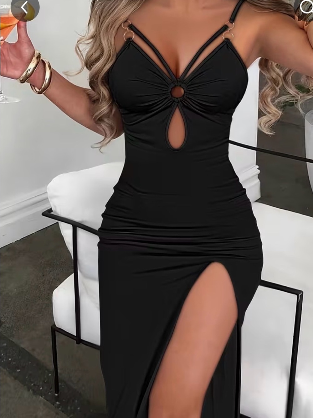 Sleek Medium Women’s  Black Long Slip Dress with Strappy Bust high slit black